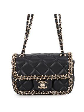 Chanel Chain Shoulder Bag Mini Quilted CC Logo Lambskin Faux Pearl Black
